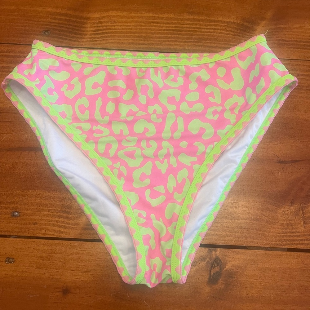 Popvil Pink and Green High Waist Leopard Print Bikini Bottoms